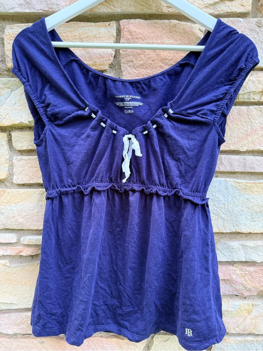 Tommy Hilfiger Navy Short Sleeve Tie-Front Sleep Peasant Top Sz.S/P Vintage